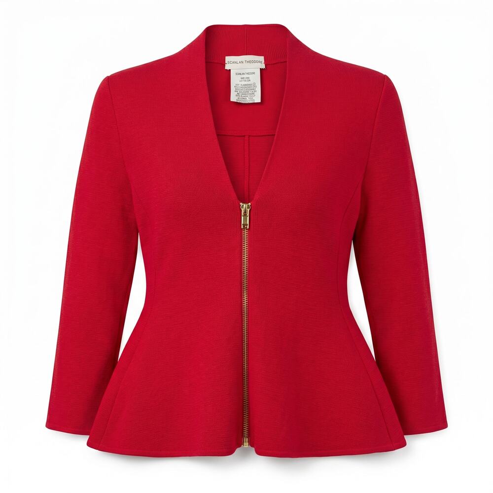 Scanlan Theodore Red Peplum Zip Blazer  | 3/4 Sleeves | V-Neck